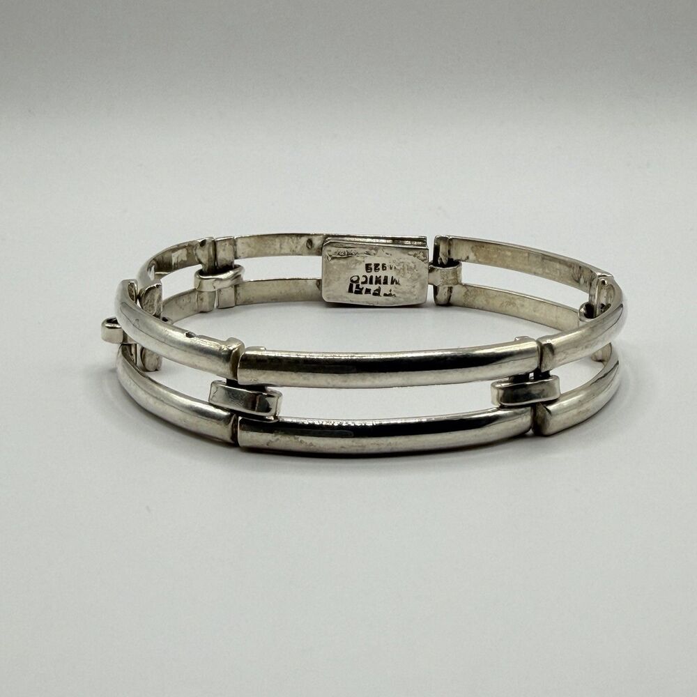 925 Sterling Silver Double Bar Panel Link Bracelet 7.5" Heavy 23.2g